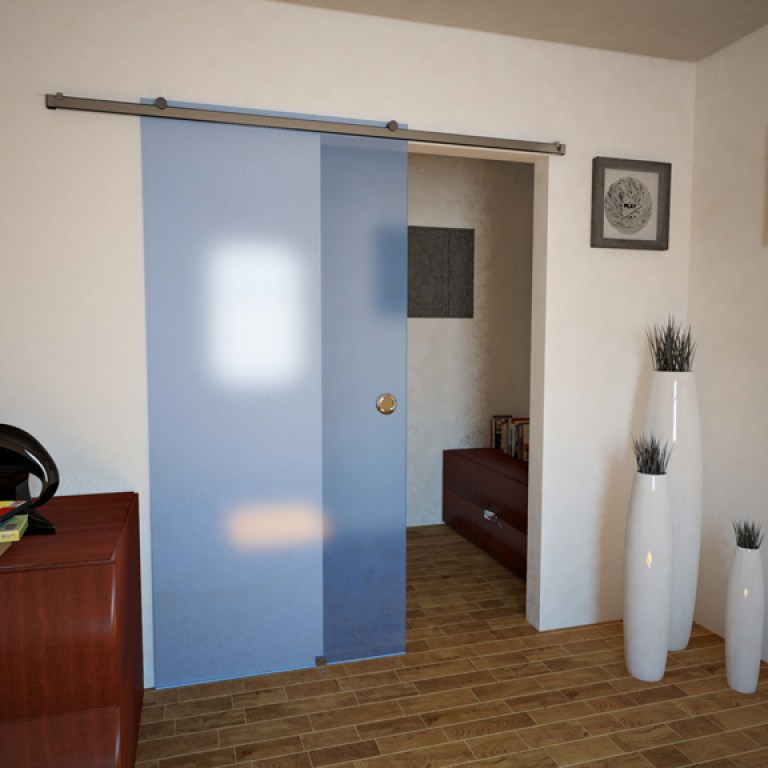 Γύαλινη συρόμενη πόρτα μονόφυλλη με κρύσταλλο χρωματιστό